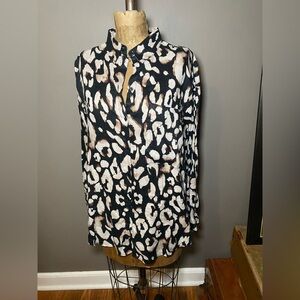 H&M 100% Linen Leopard Animal Print Button Up Shirt S